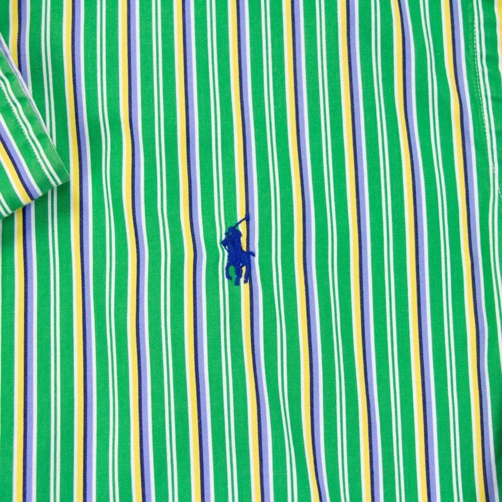 VTG Polo Ralph Lauren Mens Medium Green Stripe Classic‎ Fit LS Shirt